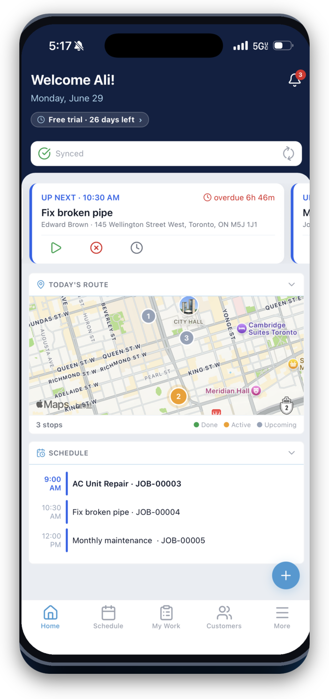 FieldHops mobile app showing today's route on a live map and the day's job schedule
