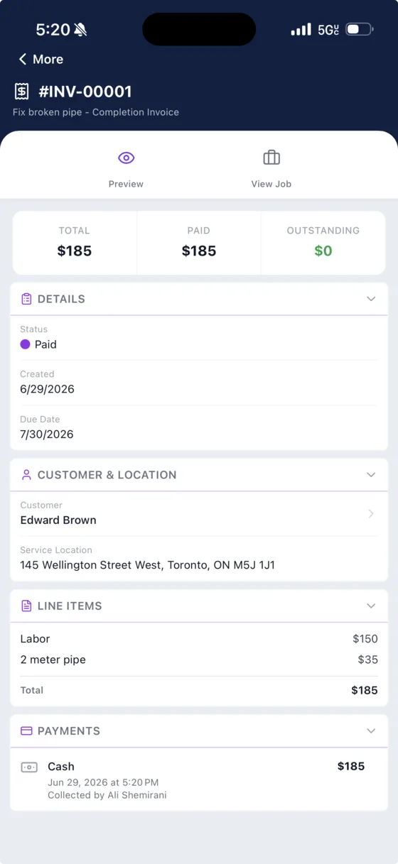 Raising an invoice from the finished job