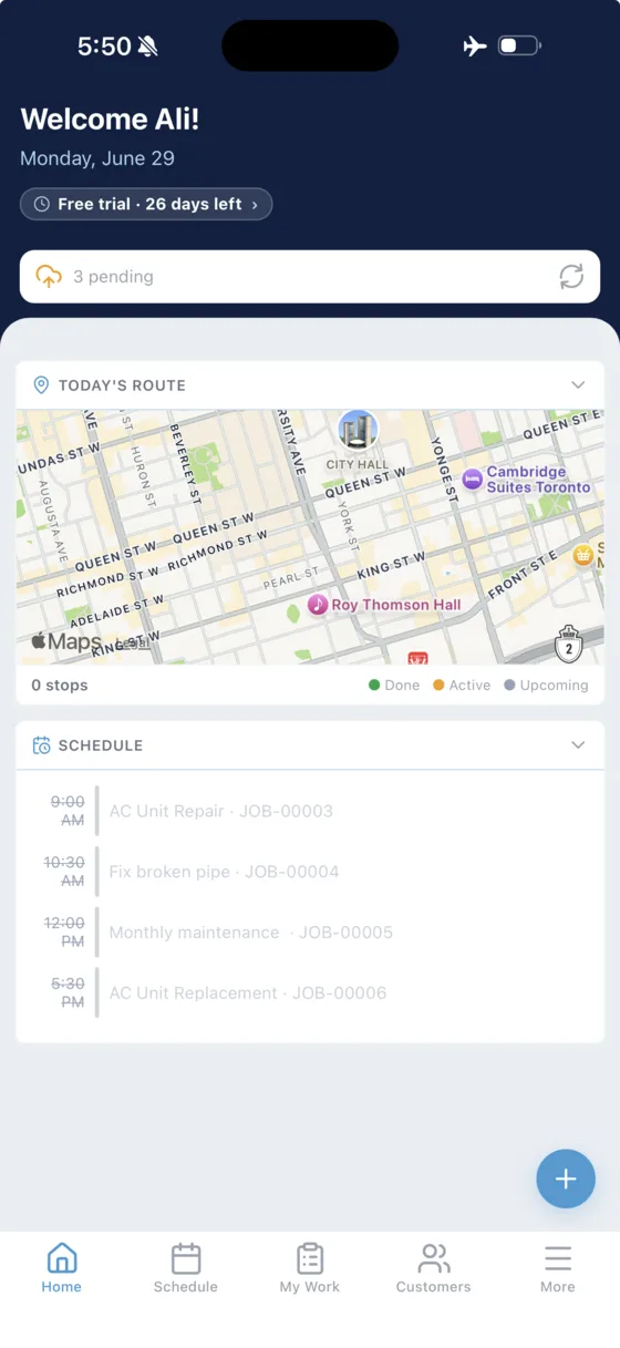 Today's route and schedule, working in airplane mode