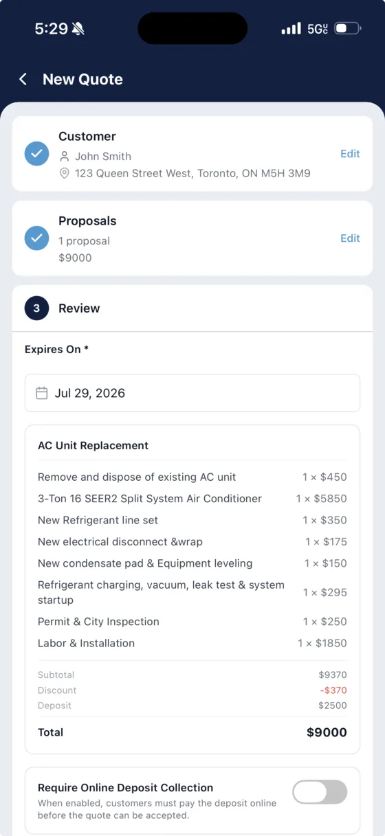 Building a quote on site with line items and totals