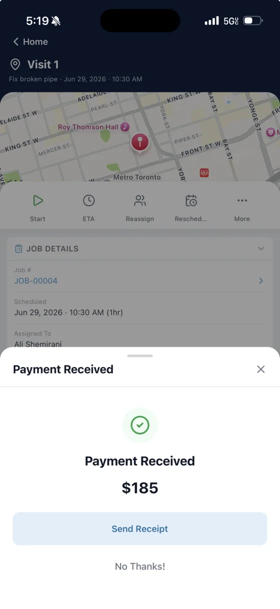 A payment receipt sent to the customer