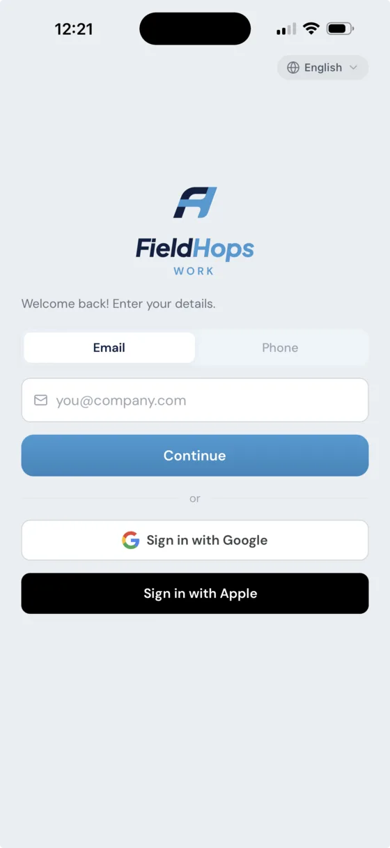 Signing in, with the app in the crew's own language